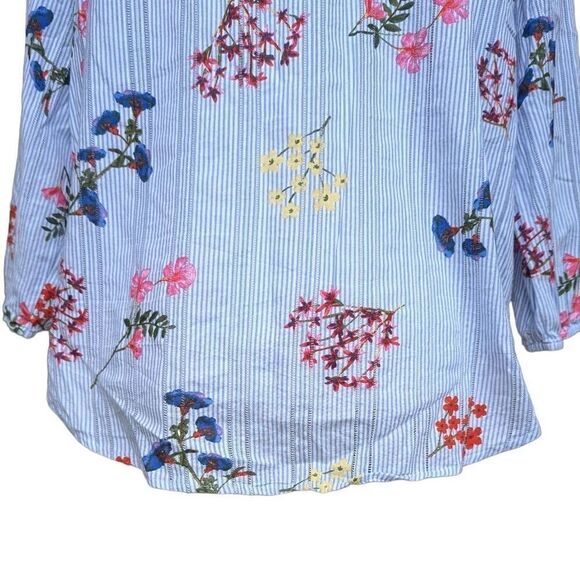 Tribal Jeans Floral Print Blue White Striped Round Split Neck Blouse Top Size L - Picture 3 of 11